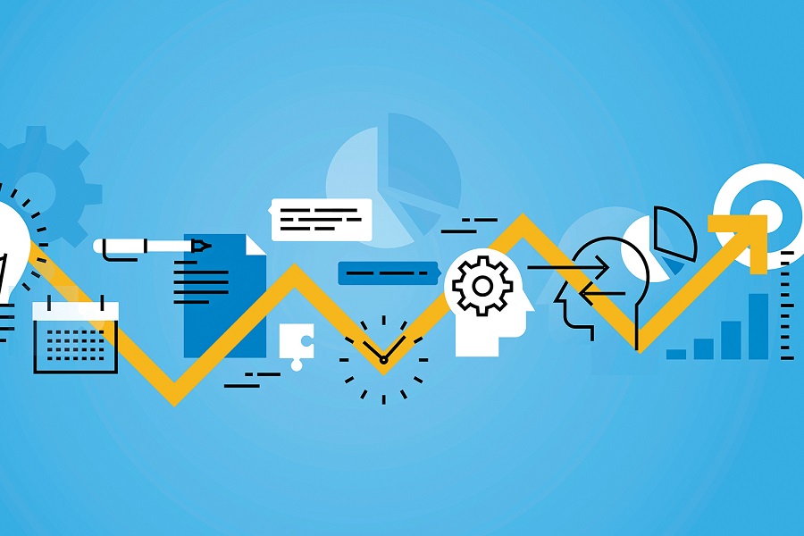 Flat line banner of development process, from idea to realization