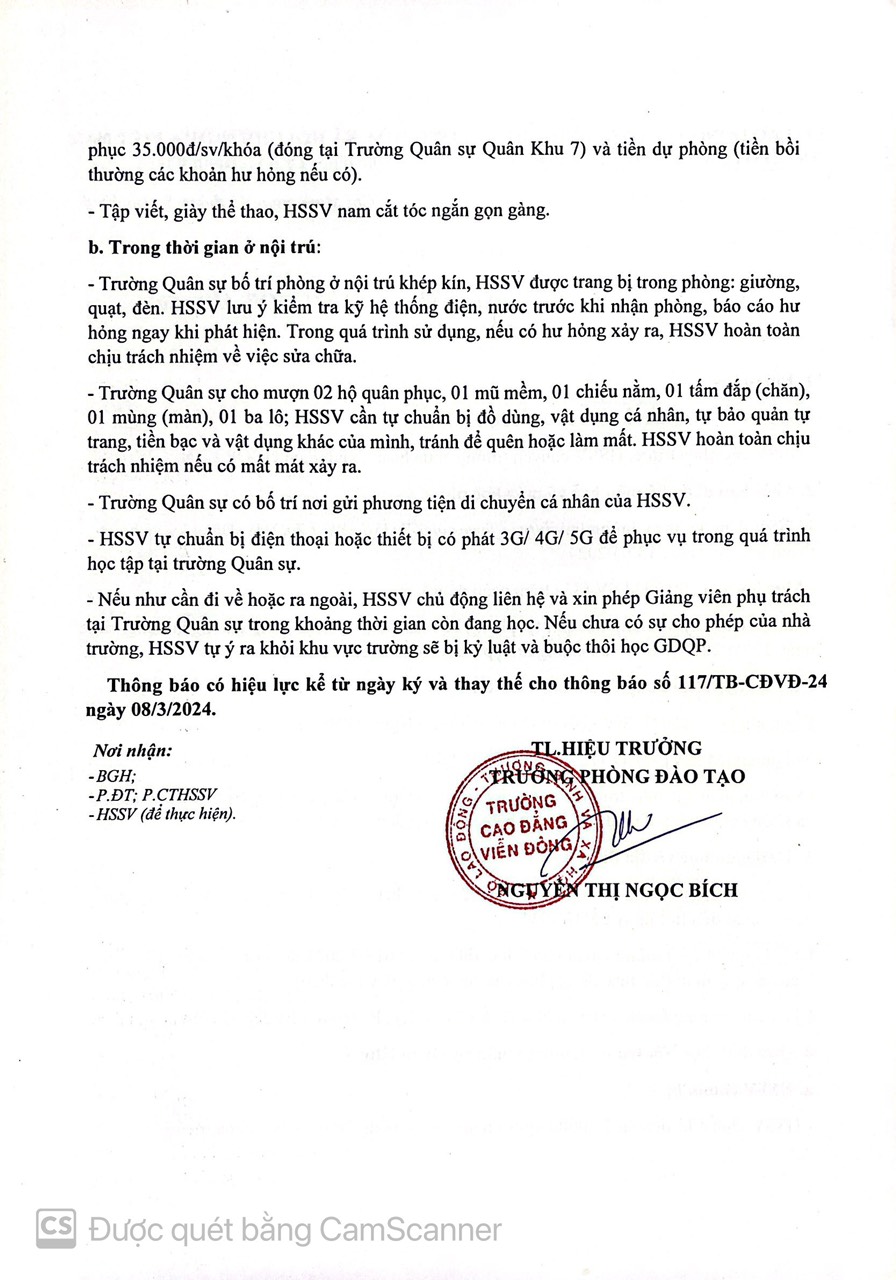 Thông báo về việc điều chỉnh Thời gian học Giáo dục Quốc phòng và An Ninh năm 2024 của HSSV hệ đào tạo CD15, Liên thông GD2