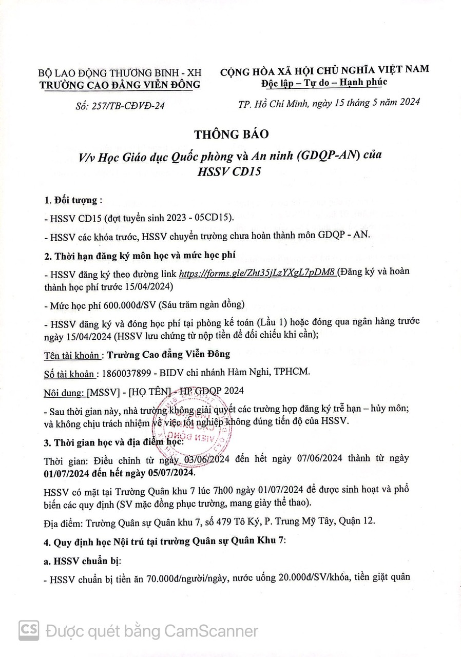 Thông báo về việc điều chỉnh Thời gian học Giáo dục Quốc phòng và An Ninh năm 2024 của HSSV hệ đào tạo CD15, Liên thông GD2