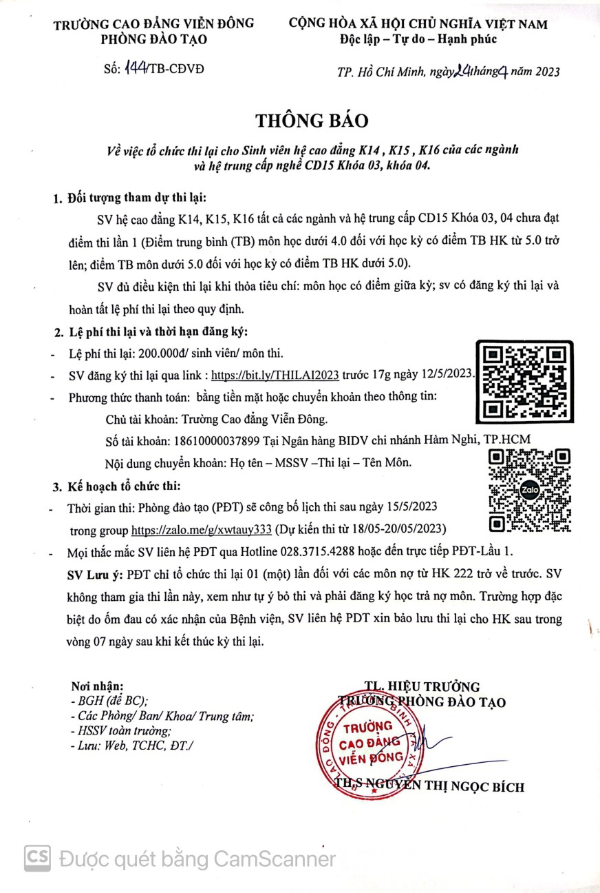 TB về việc tổ chức thi lại cho Sinh viên hệ cao đẳng K14, 15, 16 của các ngành và hệ Trung cấp nghề CD15 Khóa 03, 04