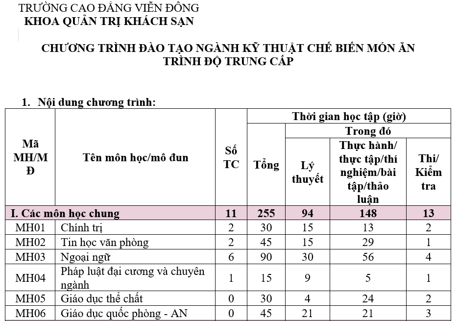 CHƯƠNG TRÌNH ĐÀO TẠO NGÀNH KỸ THUẬT CHẾ BIẾN MÓN ĂN – TRÌNH ĐỘ TRUNG CẤP