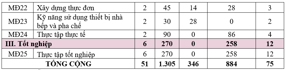 CHƯƠNG TRÌNH ĐÀO TẠO NGÀNH KỸ THUẬT CHẾ BIẾN MÓN ĂN – TRÌNH ĐỘ TRUNG CẤP