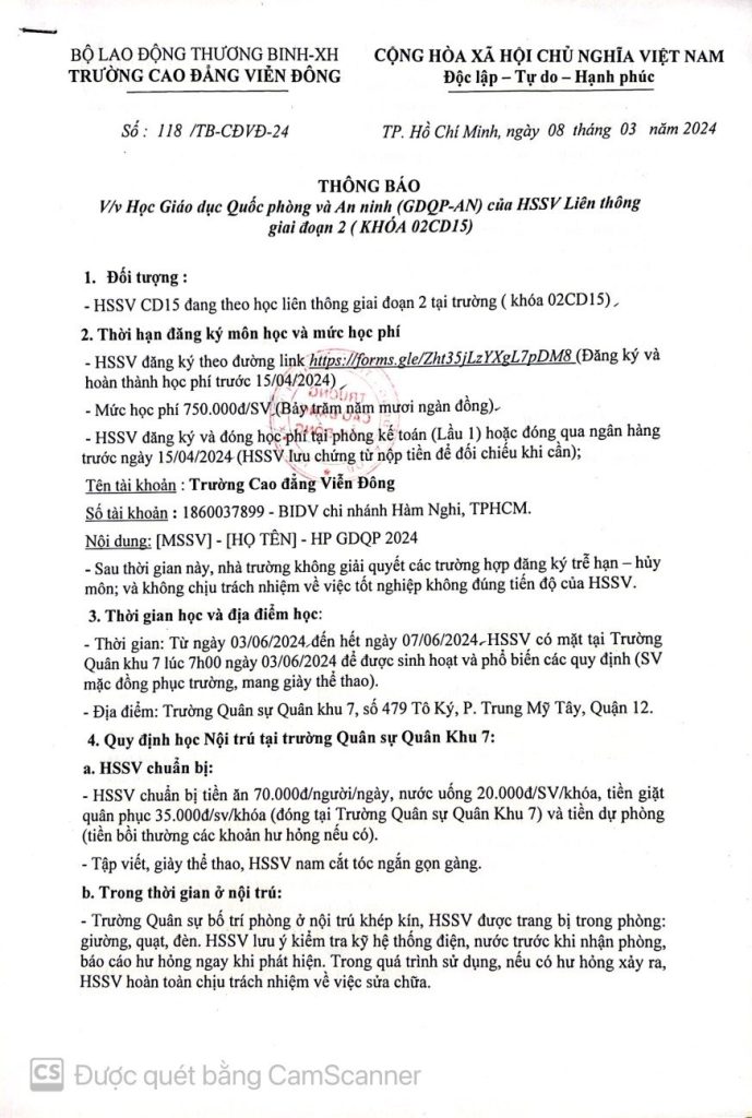 Thông báo về việc Học Giáo dục Quốc phòng và An ninh (GDQP-AN) của HSSV Liên thông Giai đoạn 2 (KHÓA 02CD15)