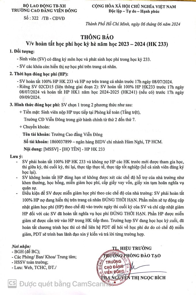 Thông báo về việc hoàn tất học phí học kỳ hè năm học 2023 – 2024 (HK233)