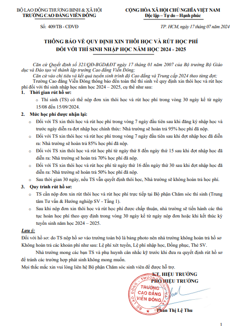 Thông báo về quy định xin thôi học và rút học phí đối với thí sinh nhập học năm 2024 – 2025