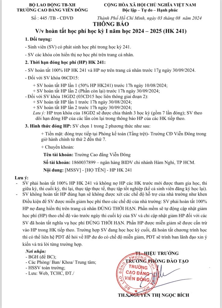 Thông báo về việc hoàn tất học phí học kỳ I năm học 2024 – 2025 (HK241)