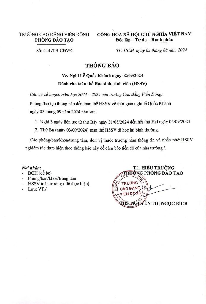 Thông báo về việc Nghỉ lễ Quốc Khánh ngày 2.9.2024 dành cho toàn thể Học sinh, Sinh viên (HSSV)