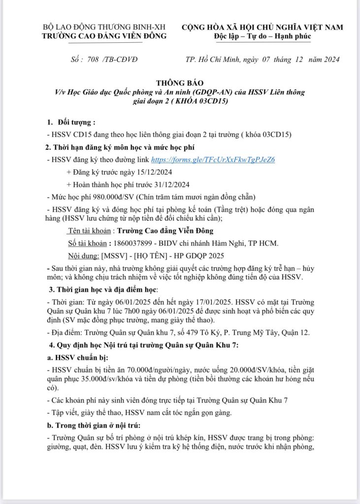 Thông báo về việc Học Giáo dục Quốc phòng và An ninh (GDQP-AN) của HSSV liên thông Giai đoạn 2 (Khóa 03CD15)