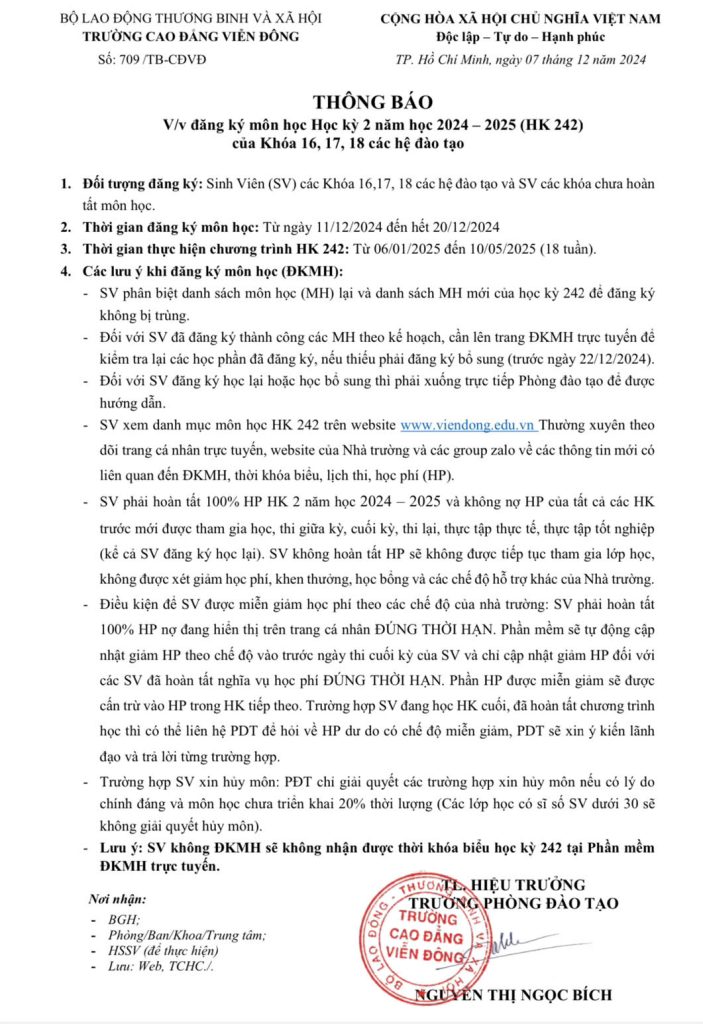 Thông báo về việc đăng ký môn học Học kỳ 2 năm học 2024 – 2025 (HK 242) của Khóa 16, 17, 18 các hệ đào tạo