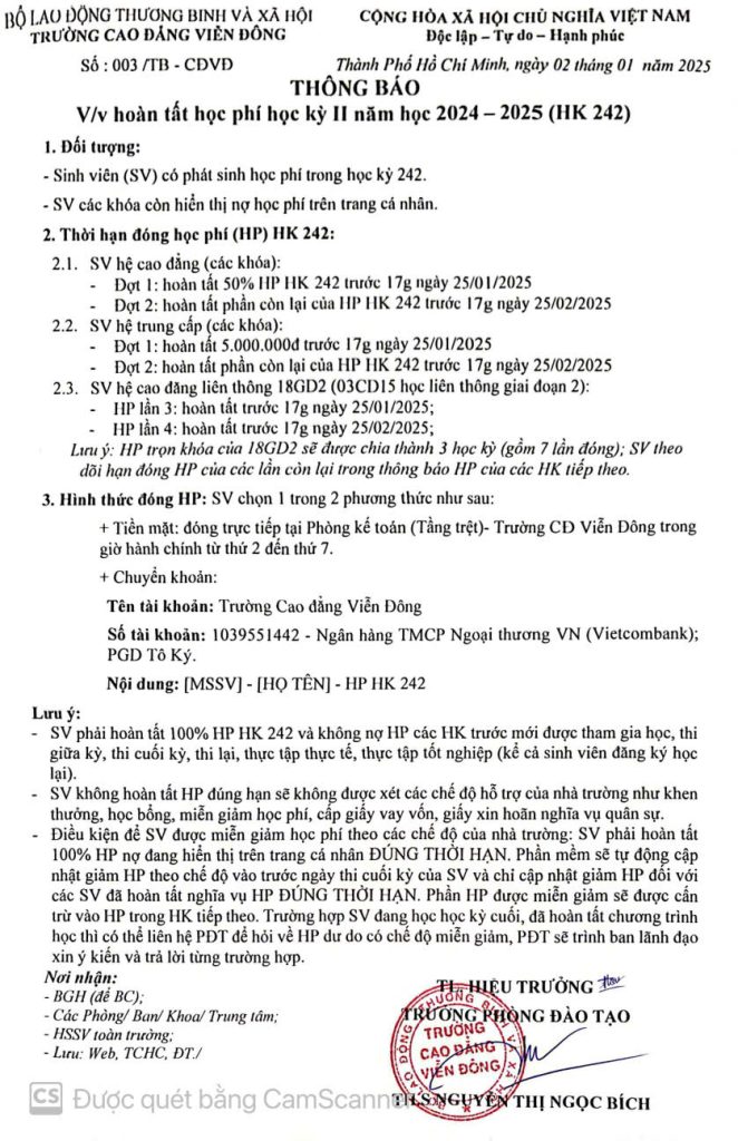 Thông báo hoàn tất học phí học kỳ II năm học 2024 – 2025 (HK 242)